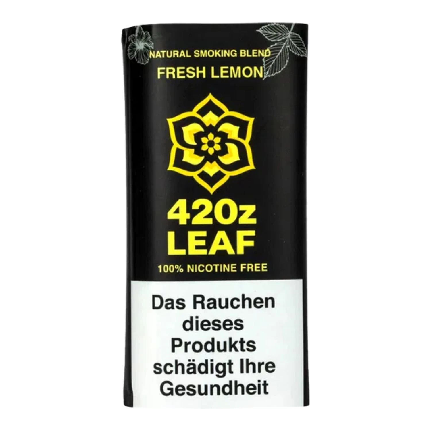 420z Leaf Fresh Lemon Natural Smoking Blend, schwarzer Tabakersatz-Beutel, gelbes Blüten-Logo, „100% Nicotine Free", deutscher Warnhinweis unten, weißer Hintergrund